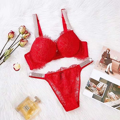 VenusFox Sexy Secret Lace Rhinestone Bikini Thong Letter LOGO Brand Design Push Up Bra Panty 2 Piece Women Adjustable Underwear Sets