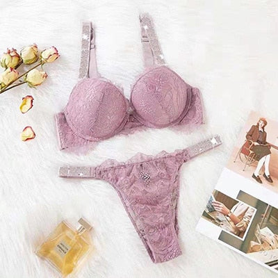 VenusFox Sexy Secret Lace Rhinestone Bikini Thong Letter LOGO Brand Design Push Up Bra Panty 2 Piece Women Adjustable Underwear Sets