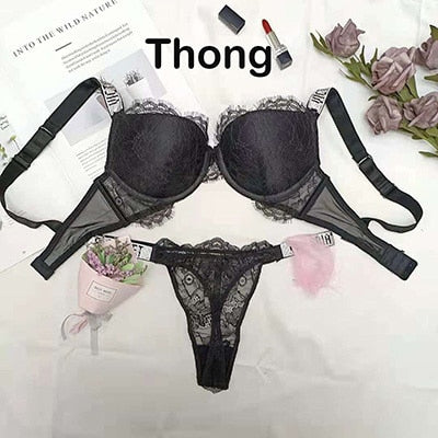 VenusFox Sexy Secret Lace Rhinestone Bikini Thong Letter LOGO Brand Design Push Up Bra Panty 2 Piece Women Adjustable Underwear Sets