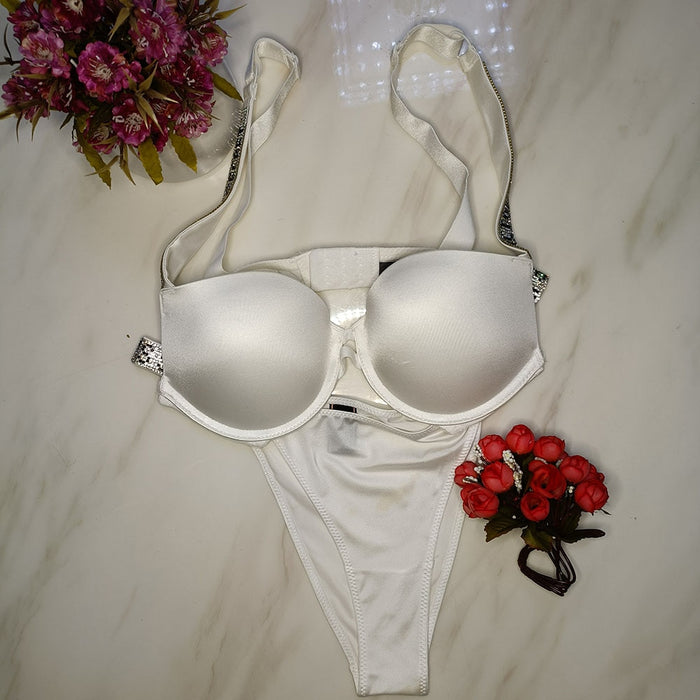 VenusFox Hot Rhinestone Letter Underwear Women Sex Secrets Bikini Thong Lingerie Set Brand Design Adjustable Push Up Bra Panty 2 Piece