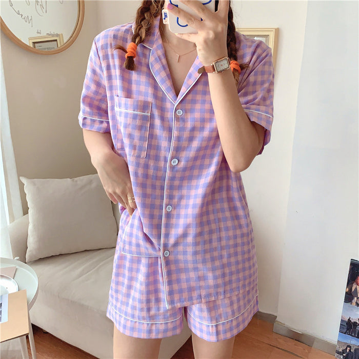 VenusFox Sweet Pajama Women Nightwear Grid Printed Summer Short Sleeve Sleepwear Trendy Leisure Korean Style Shorts Homewear Suit