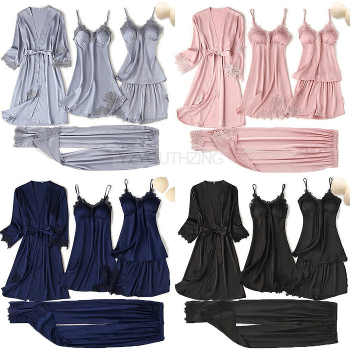 VenusFox Pajama Set Women Lace Trim Satin Sleepwear Pour Femme Summer Nightwear With Pants Casual Home Wear Kimono Robe Gown
