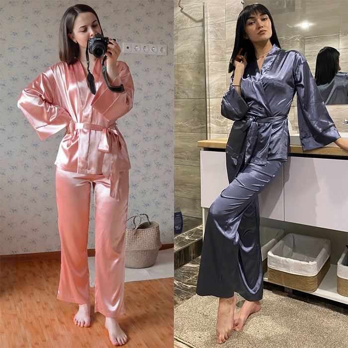VenusFox Solid Women Robes With Sashes 2 Piece Set Wrist Sleep Tops Satin Pants Loose Pajamas Casual Sleepwear Female Home Suits