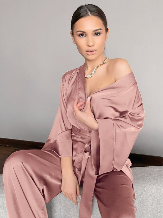 VenusFox Solid Women Robes With Sashes 2 Piece Set Wrist Sleep Tops Satin Pants Loose Pajamas Casual Sleepwear Female Home Suits