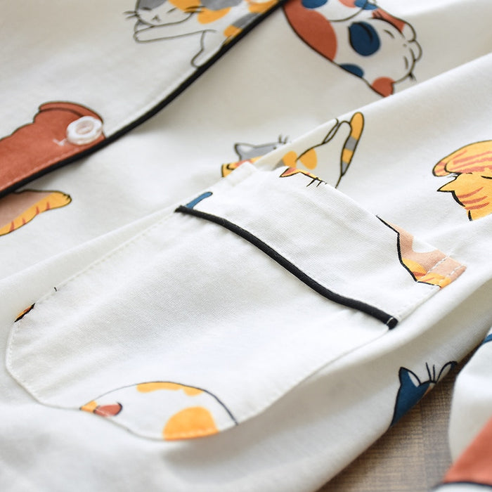 VenusFox 100% Cotton Pajamas For Women 2021 Cute Cat Print Cartoon Home Clothes 2Pcs Set Sleepwear Female Tops+Pants Nighties Pajama Suit