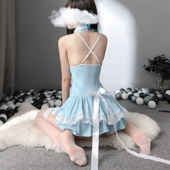 VenusFox Lolita Blue Kawaii Dress Sexy Maid Lingerie Erotic Role Play Women Cosplay Costumes Cute Waiter Servant Uniform Slutty Clothes