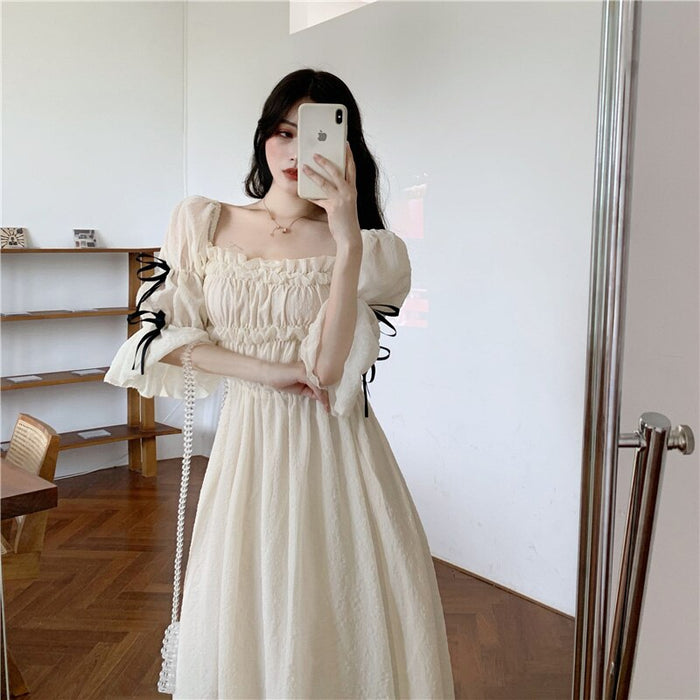 VenusFox New Spring Ruched Dress Women Chic Puff Sleeve Cute Solid Elegant Long Sleeve Summer A-Line Dress Femme Robe