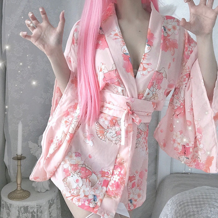 VenusFox Sexy Japanese Pink Kawaii Kimono Cosplay Lingerie Outfit Traditional Style Robe Temptation Costumes Pajamas Belt Set For Women