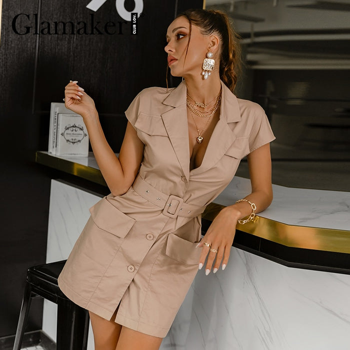 VenusFox Glamaker Cotton office ladies pocket mini dress Women elegant fashion buttons short vestidos Casual with belt straight dress new