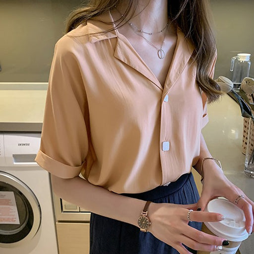 VenusFox Women's Casual Solid Turndown Collar Short Sleeve Office Lady Tops