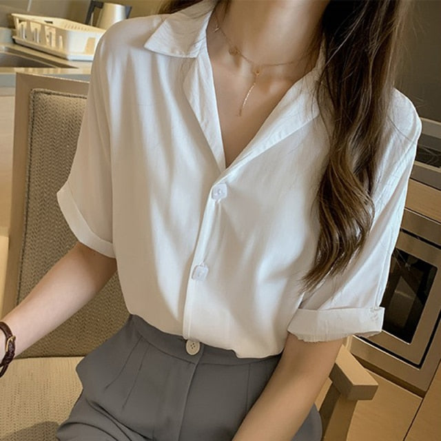 VenusFox Women's Casual Solid Turndown Collar Short Sleeve Office Lady Tops