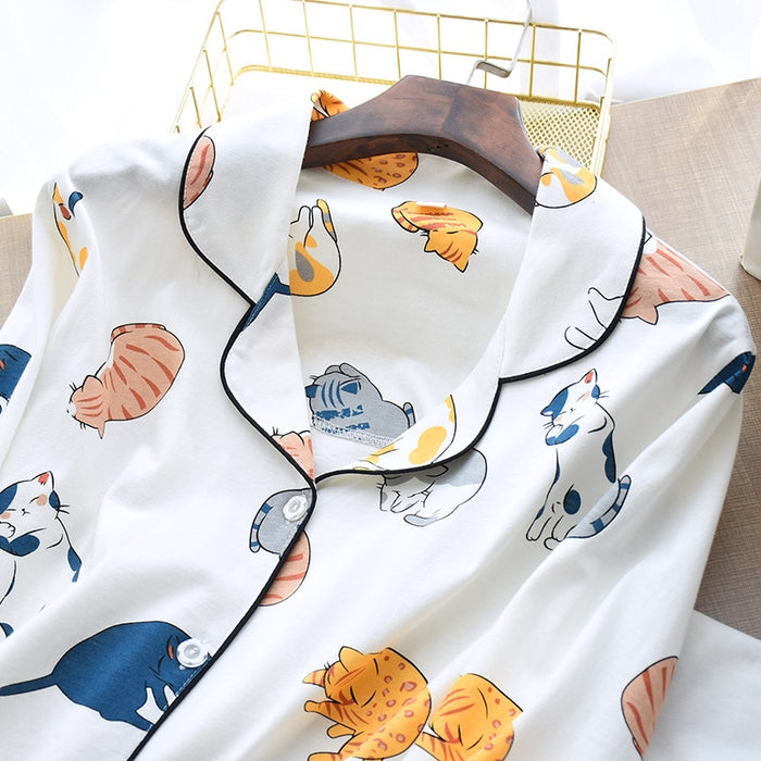 VenusFox 100% Cotton Pajamas For Women 2021 Cute Cat Print Cartoon Home Clothes 2Pcs Set Sleepwear Female Tops+Pants Nighties Pajama Suit