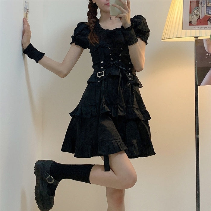 VenusFox Women Gothic Lolita Dress Goth Punk Gothic Harajuku Mall Goth Style Bandage Black Dress Puff Sleeve Dress