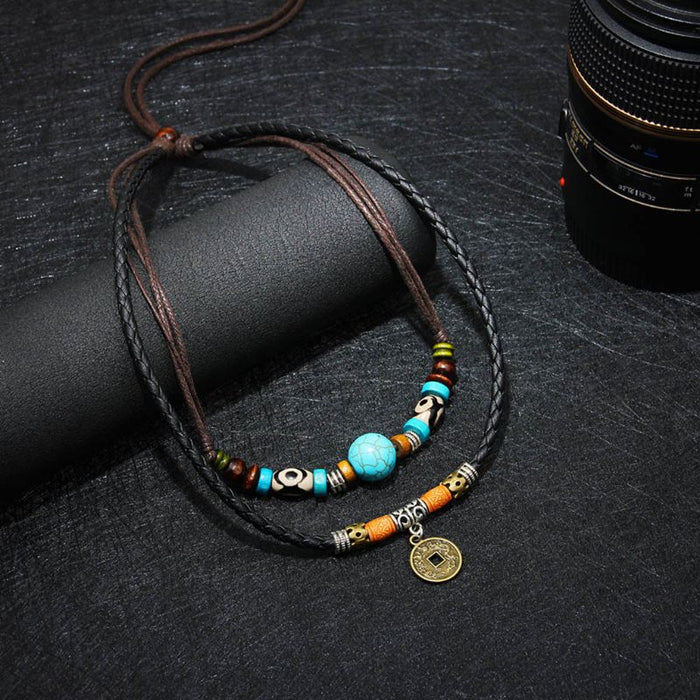 VenusFox Vintage Necklace Ancient Tribe Man Hemp Leather Bead Choker