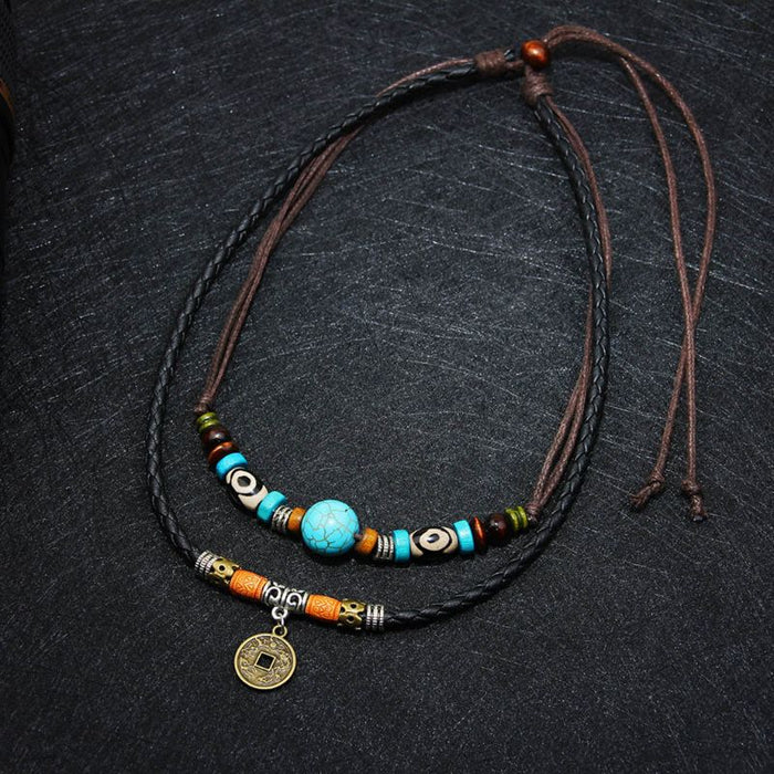VenusFox Vintage Necklace Ancient Tribe Man Hemp Leather Bead Choker