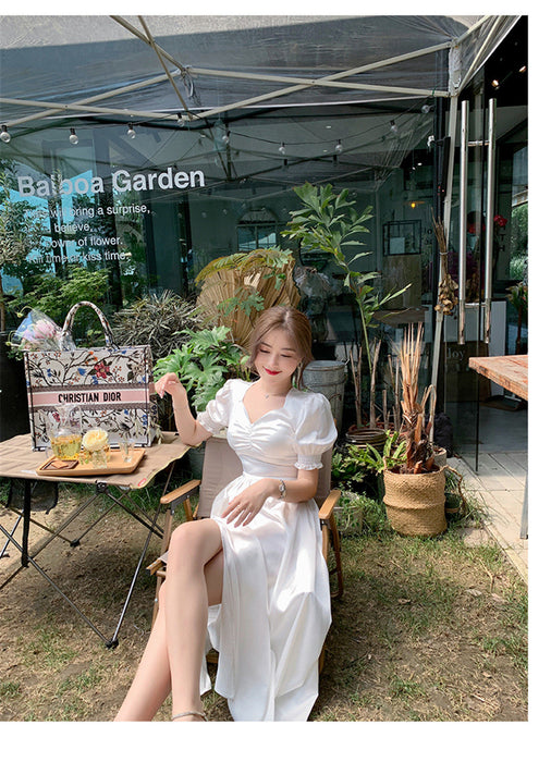 VenusFox French Ruffle Women Sexy Puff Sleeve Split Dress Office Lady Korean Style Summer Elegant Chiffon Fairy Boho Vestidos