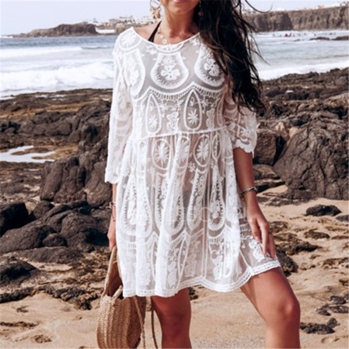 VenusFox Embroidery Coverups for Women Tunic Beach Cover Up Dress Solid Blouse Beachwear Lace Fishnet Bikini Wrap 2021 White Cover-up