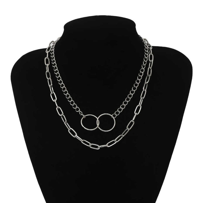 VenusFox Gothic Double Layered Thick Chunky Chain Choker Necklace Jewelry for Women Punk Hip Hop Double Circle Charm Necklace