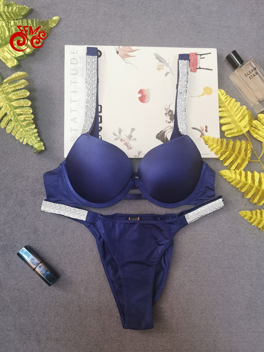 VenusFox New Secret Underwear Rhinestone Lingerie Bra Set For Sexy Women Push Up  Hot Bikini Thong Panties Adjustable Bra Set Letter