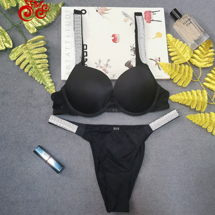 VenusFox New Secret Underwear Rhinestone Lingerie Bra Set For Sexy Women Push Up  Hot Bikini Thong Panties Adjustable Bra Set Letter
