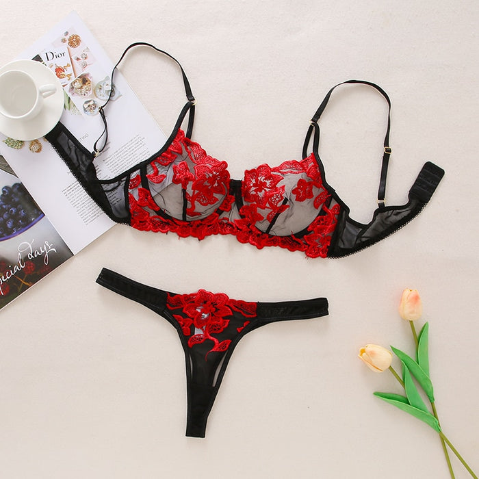 VenusFox Women Sexy Transparent Lingerie Set Lace Floral Bralette Embroidery Push Up Bras See Through Panties Temptation Erotic Underwear