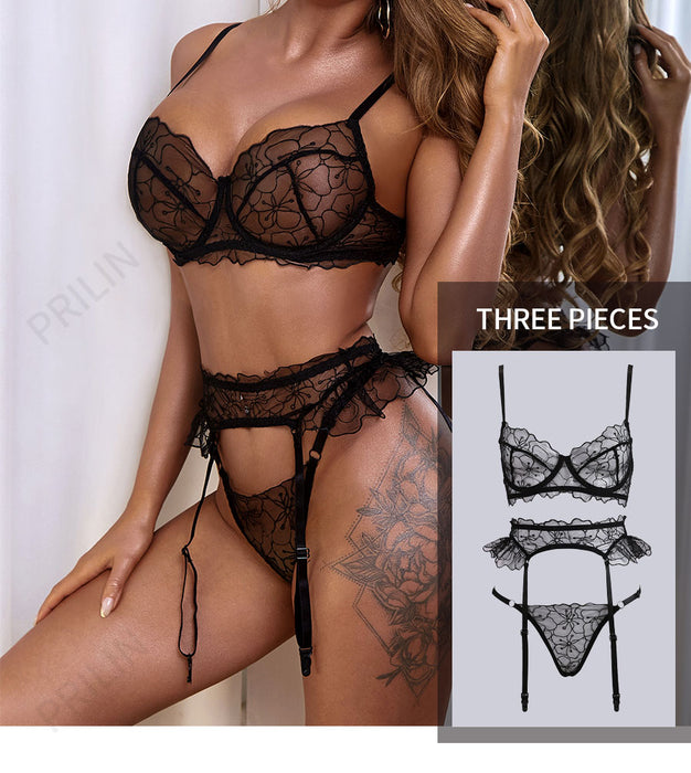 VenusFox Women Sexy Lingerie Sets with Garter Belt Lace Push Up Bras G-string Panties Transparent Temptation Erotic Underwear Black