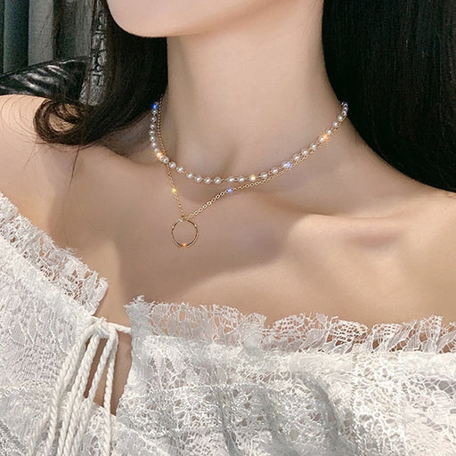 VenusFox New Fashion Kpop Pearl Choker Necklace for Women Cute Double Layer Round Chain Pendant Necklaces Jewelry Girl Gift