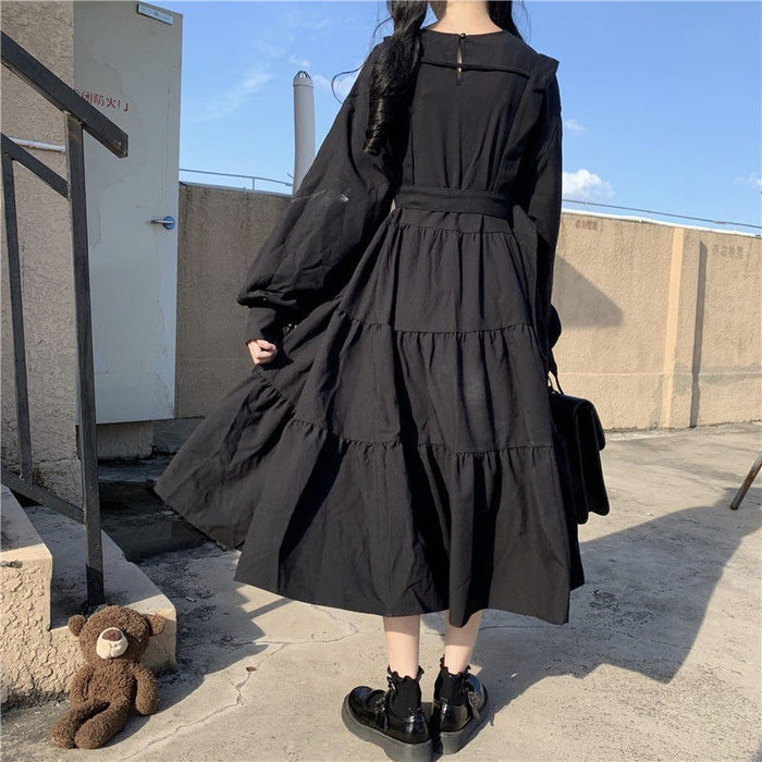 VenusFox Gothic Style Dress Women Harajuku Gothic Lolita Kawaii Dress Punk Cute Long Sleeve Black Midi Dress