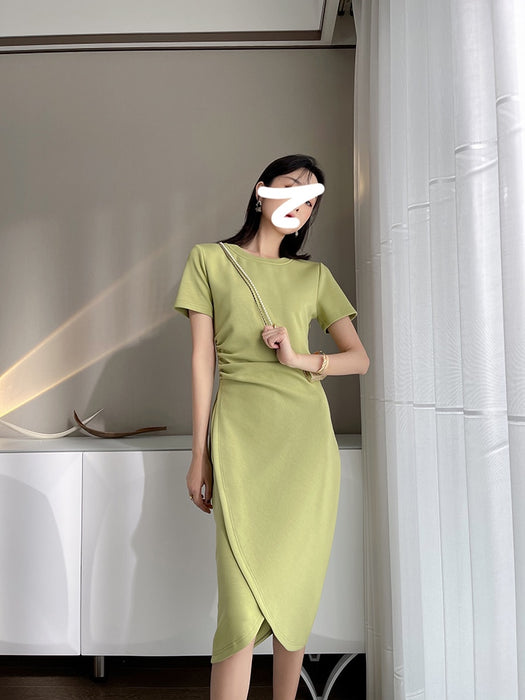 VenusFox Summer Short Sleeve Bodycon Green Dress Women Elegant Sexy Fold Slim Waist Mermaid Midi Dress 100% Cotton Dress