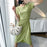 VenusFox Summer Short Sleeve Bodycon Green Dress Women Elegant Sexy Fold Slim Waist Mermaid Midi Dress 100% Cotton Dress