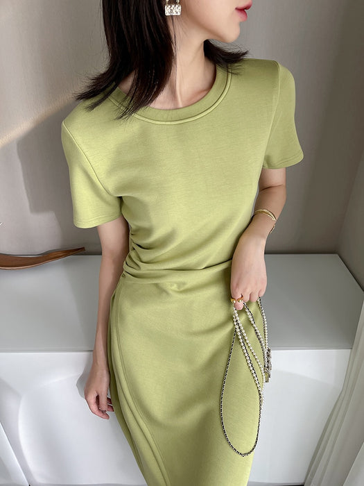 VenusFox Summer Short Sleeve Bodycon Green Dress Women Elegant Sexy Fold Slim Waist Mermaid Midi Dress 100% Cotton Dress