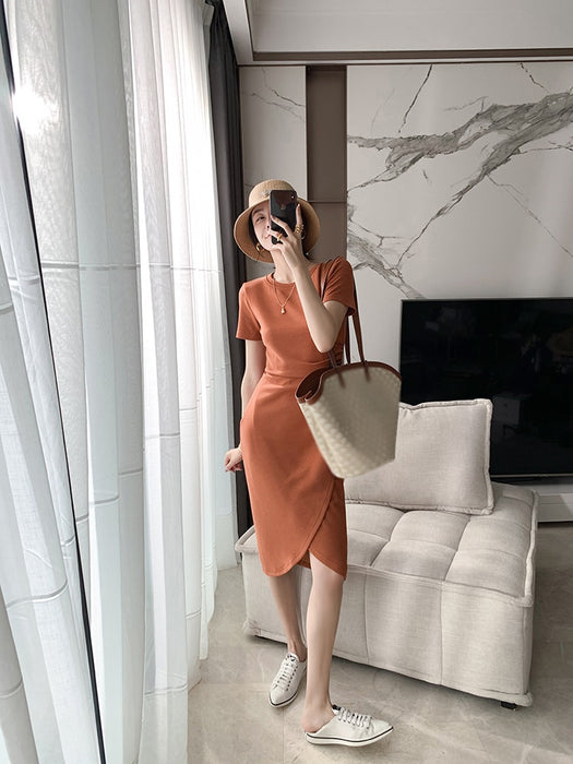 VenusFox Summer Short Sleeve Bodycon Green Dress Women Elegant Sexy Fold Slim Waist Mermaid Midi Dress 100% Cotton Dress