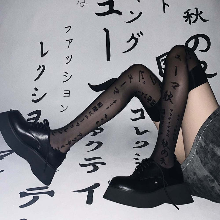 VenusFox New Fashion Harajuku Gothic Japanese Letter Print Black Sexy Knee High Stockings Women Girls Streetwear