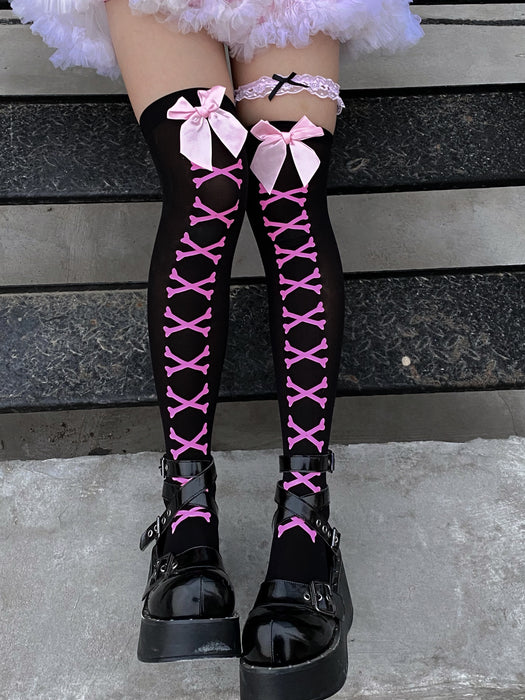 VenusFox New Hot Girl Bone Bow Socks Streetwear Girls Black Sweet Cute Pink Y2K Harajuku Lolita Knee Socks Long Thigh High Stockings