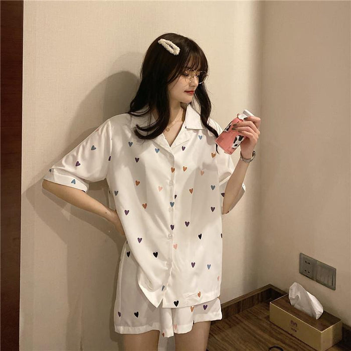 VenusFox Heart Print Pajamas for Women Korean New Summer Femme Loose Sleepwear Cute Clothes Home Suit