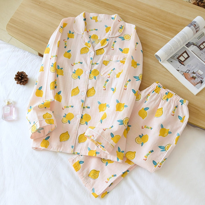 VenusFox Ladies Pajamas Set 100% Gauze Cotton Cartoon Dog Printed Pajamas Women 2Pcs Turn-down Neck Shirt + Pants Comfort Nature Sleepwear