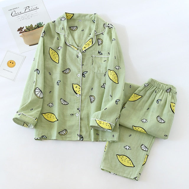 VenusFox Ladies Pajamas Set 100% Gauze Cotton Cartoon Dog Printed Pajamas Women 2Pcs Turn-down Neck Shirt + Pants Comfort Nature Sleepwear