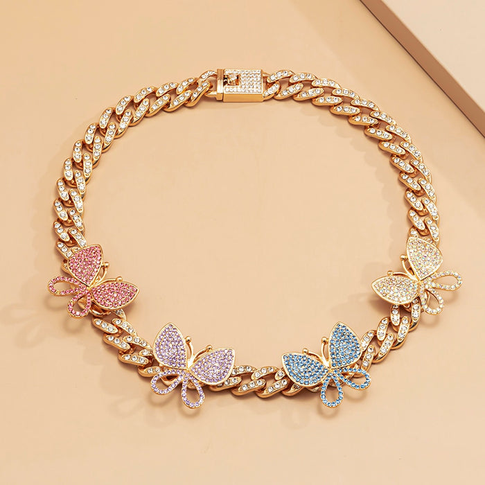 VenusFox Punk Crystal Miami Cuban Chain Butterfly Necklace for Women Kpop Luxury Rhinestone Thick Choker Necklace Fashion Jewelry Gifts