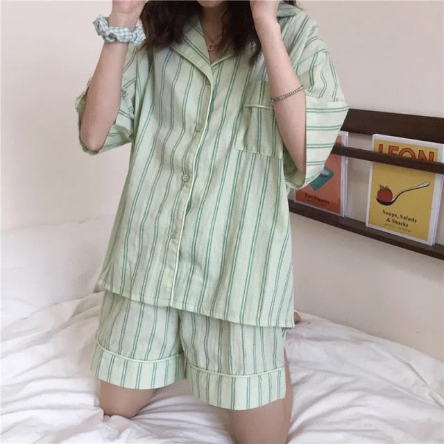 VenusFox Pajamas for Women Summer Korean Sweet Sleepwear Girls Striped Lapel Home Clothes Kawaii Plus Size Loose Ladies Set