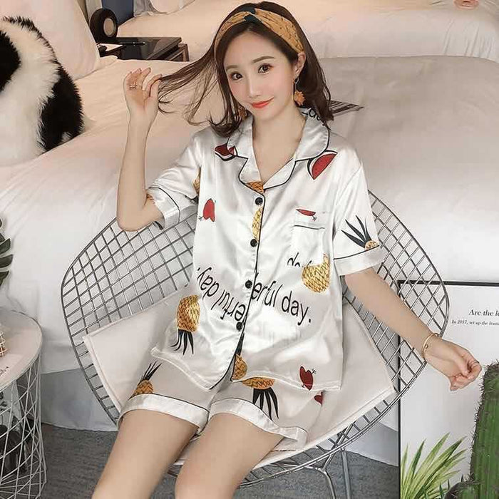 VenusFox Short Sleeve Silk Pajamas Set Cute Flowers Print Sleepwear 2020 Summer Plus Size 5XL Spring Women Nightwear Casual Home Clothing