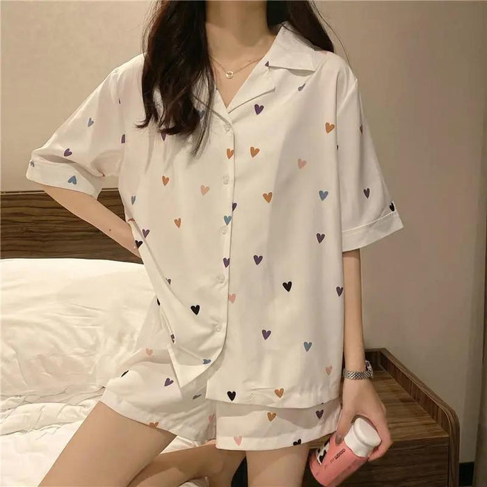 VenusFox Heart Print Pajamas for Women Korean New Summer Femme Loose Sleepwear Cute Clothes Home Suit