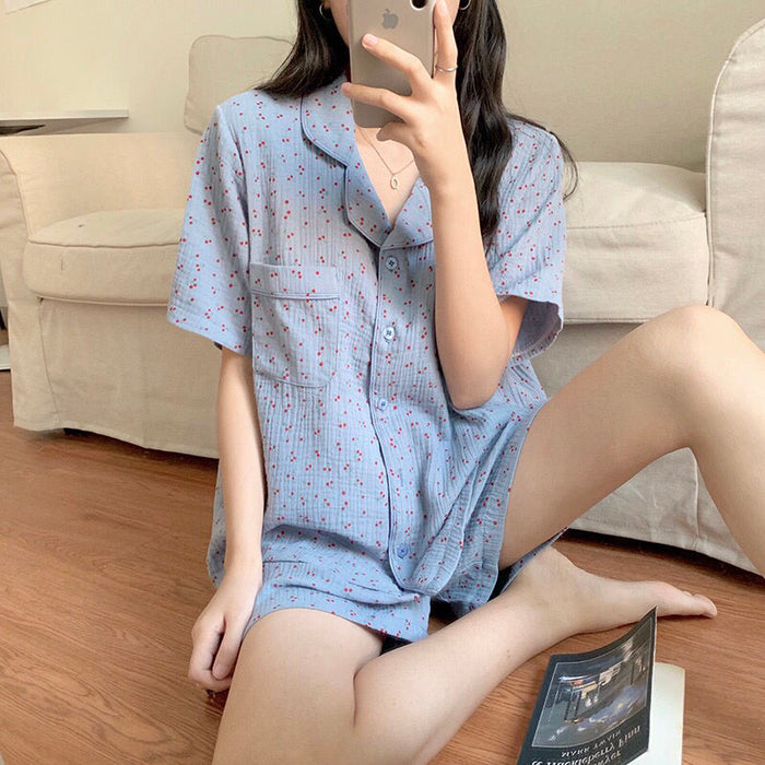 VenusFox Women's Pajamas Summer Cotton Sleepwear Korean Girls Cute Print Loose Lapel Plus Size 2Piece Set Kawaii Home Suit