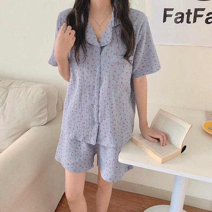 VenusFox Women's Pajamas Summer Cotton Sleepwear Korean Girls Cute Print Loose Lapel Plus Size 2Piece Set Kawaii Home Suit