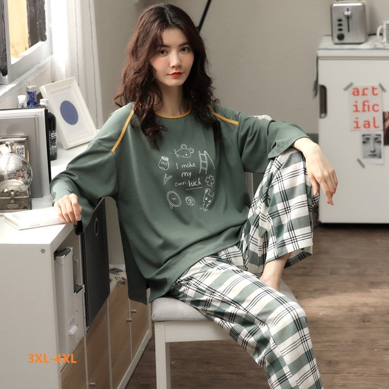 VenusFox Oversized Women Home Wear Lounge Clothes Long Sleeve Pajamas Sets Cotton Sleepwear Girls woman's pajama