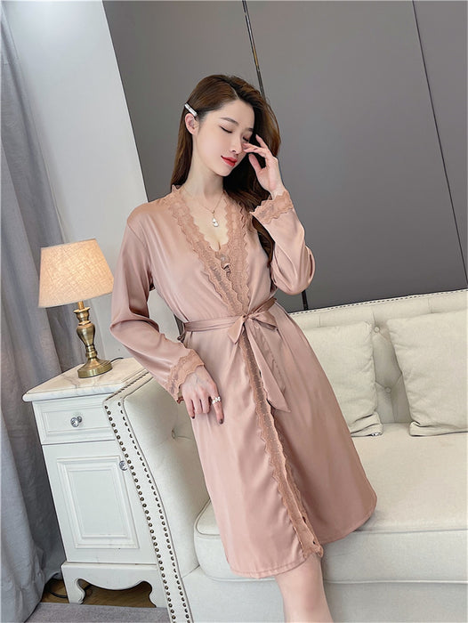 VenusFox Sleepwear Female Pajamas Set Viscose filament Sexy Lace Bridal Nightwear Wear Nighty Robe Women's pajamas home clothes