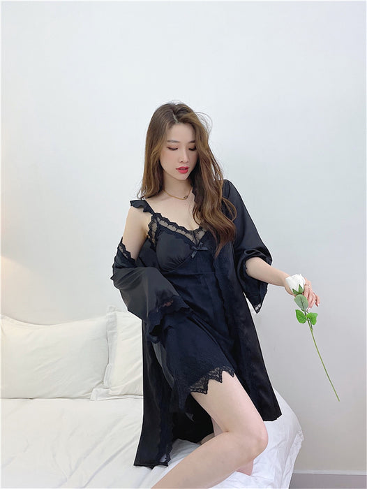 VenusFox Sleepwear Female Pajamas Set Viscose filament Sexy Lace Bridal Nightwear Wear Nighty Robe Women's pajamas home clothes