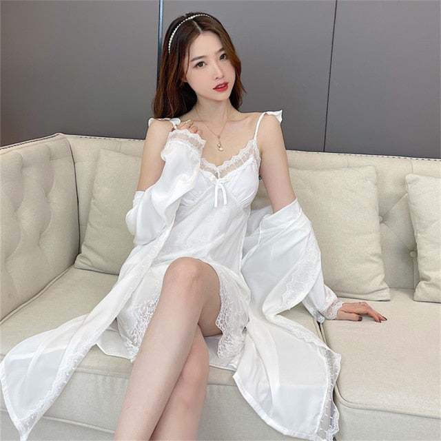 VenusFox Sleepwear Female Pajamas Set Viscose filament Sexy Lace Bridal Nightwear Wear Nighty Robe Women's pajamas home clothes