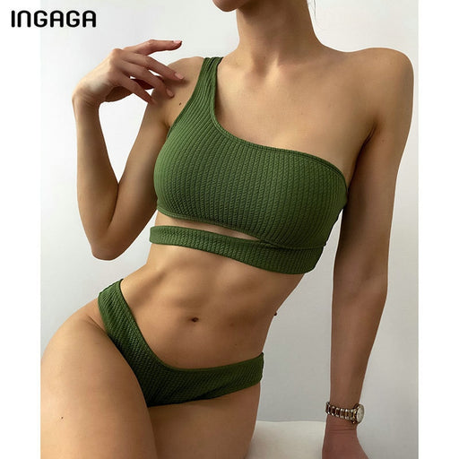 VenusFox One Shoulder Bikini Set Ribbed Swimwear Women's Swimsuit Cut Out Sexy Bikinis Army Green Bathing Suits Summer Beachwear