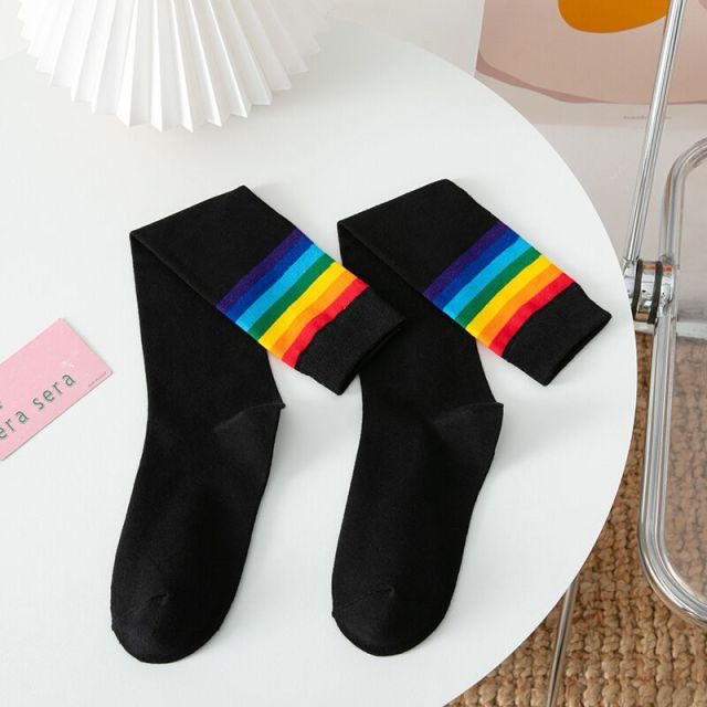 VenusFox Rainbow over the knee socks winter rainbow stripes wild street women's socks fashion trend girl ladies