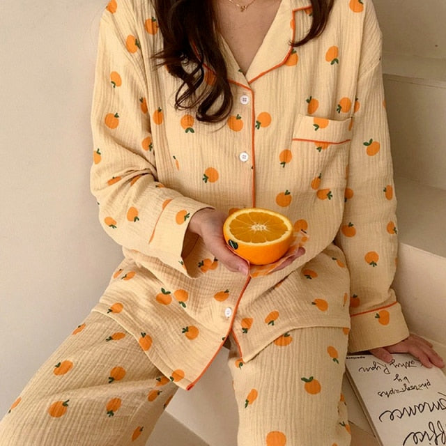VenusFox Cotton Home Suits Korean Sleepwear Orange Print Pajamas for Women Summer